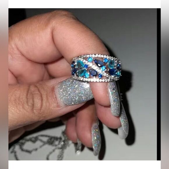 Sterling Silver (925) Wide Sparkly Blue Eternity Band - Picture 4 of 17